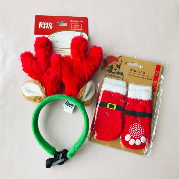 Dog Zippy Paws Christmas Holiday Dog Reindeer Antlers & Socks Size - S - Picture 2 of 4